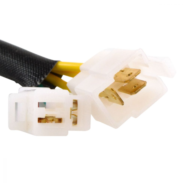Regulator rectifier wiring harness with white plastic connectors and yellow wires