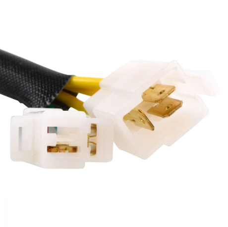 Regulator rectifier wiring harness with white plastic connectors and yellow wires