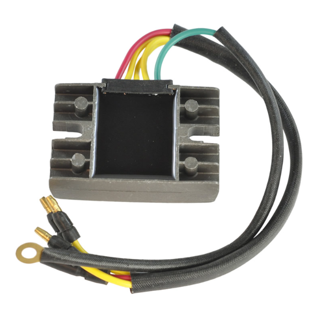 DGT Agri regulator/rectifier for Suzuki ATVs; aluminum heatsink, multi-color wiring harness with ring terminals.