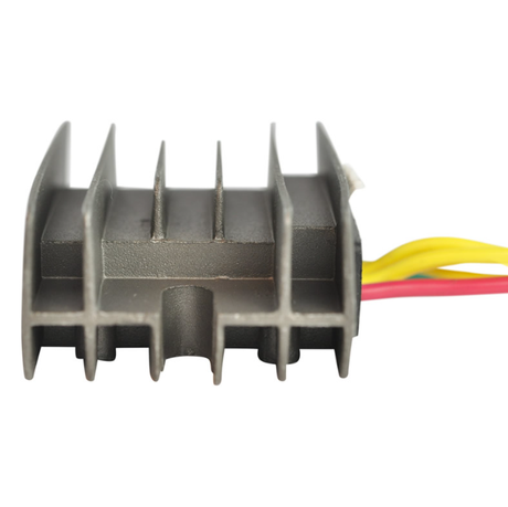 Regulator rectifier with finned aluminum heatsink and red and yellow wires.