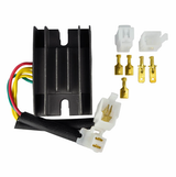 Regulator Rectifier by DGT Agri for Arctic Cat 250/300 and Suzuki GN125/GZ250; black heatsink, multi-wire harness.