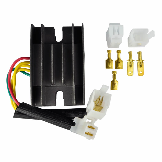 Regulator Rectifier by DGT Agri for Arctic Cat 250/300 and Suzuki GN125/GZ250; black heatsink, multi-wire harness.