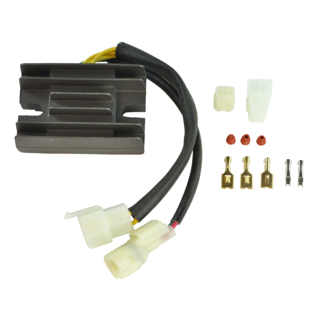 Voltage regulator kit for Arctic Cat 250/300 and Suzuki LTF 250/300 Quadrunner, 2001–2005, with wiring harness.
