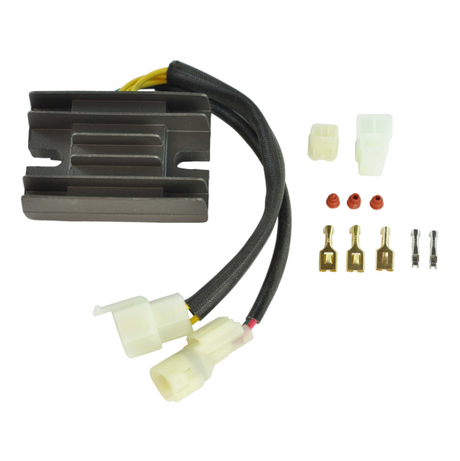 Voltage regulator kit for Arctic Cat 250/300 and Suzuki LTF 250/300 Quadrunner, 2001–2005, with wiring harness.