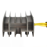 ATV voltage regulator heat sink, gray aluminum block with multiple cooling fins and yellow wiring visible on right side.