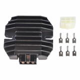 Regulator rectifier for Kawasaki ATVs; black finned aluminum unit with white 6-pin connector and six terminal blades