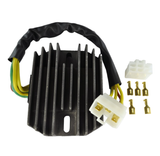 Regulator rectifier with black finned aluminum heatsink, multi-color wiring harness, and white plug