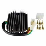 Regulator rectifier with black aluminum heatsink, multicolor wiring harness, white connector, and gold terminal pins