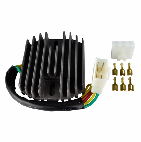 Regulator rectifier with black aluminum heatsink, multicolor wiring harness, white connector, and gold terminal pins