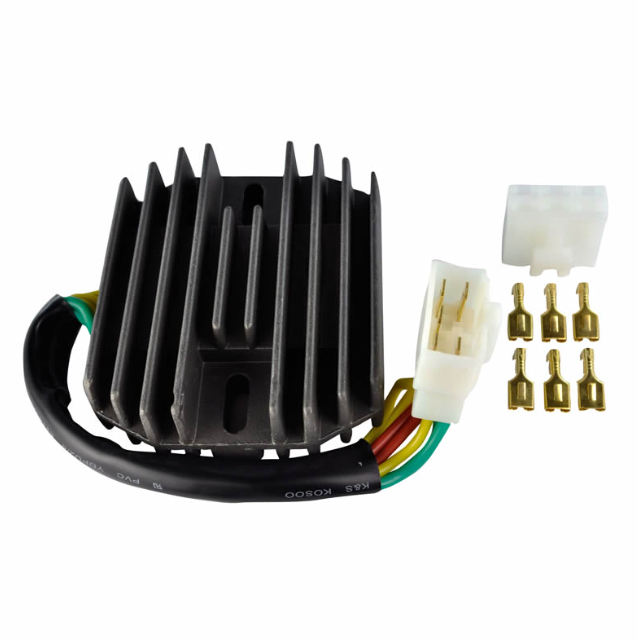 Regulator rectifier with black aluminum heatsink, multicolor wiring harness, white connector, and gold terminal pins