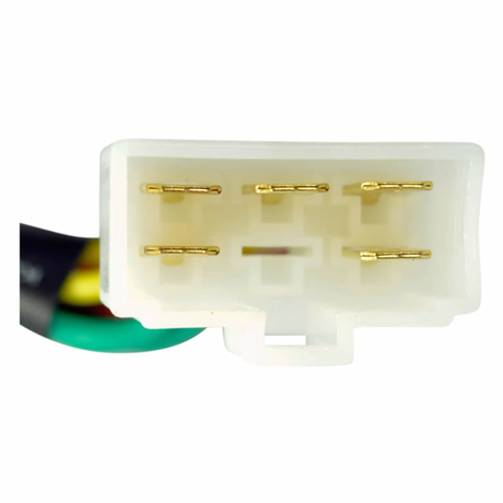 Regulator rectifier 6-pin connector, white nylon housing with gold pins and multi-color wires