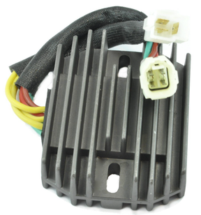 Regulator rectifier unit with black finned heatsink and color-coded wiring