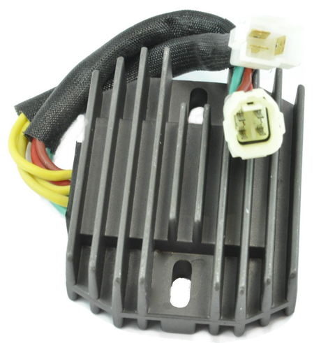 Regulator rectifier unit with black finned heatsink and color-coded wiring