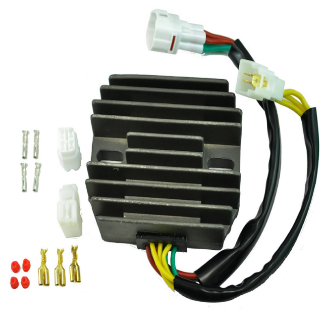 Regulator Rectifier with black finned heatsink and multi-color wiring harness for Suzuki quad bikes