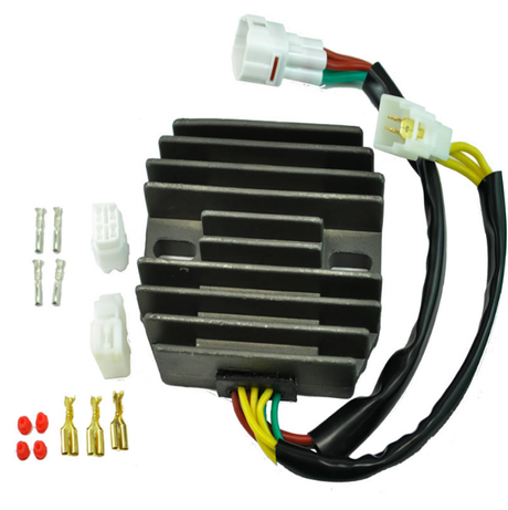 Regulator Rectifier with black finned heatsink and multi-color wiring harness for Suzuki quad bikes