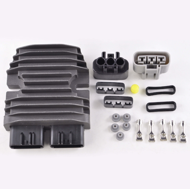MOSFET regulator/rectifier kit for ATVs with gray heatsink and multi-pin connectors
