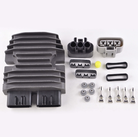 MOSFET regulator/rectifier kit for ATVs with gray heatsink and multi-pin connectors