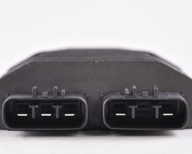 MOSFET regulator/rectifier module for ATVs, black with dual 2-pin connectors.