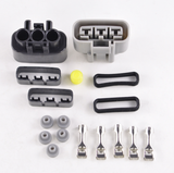 MOSFET regulator/rectifier kit for ATVs in black and gray with connector housings, seals, and crimp terminals