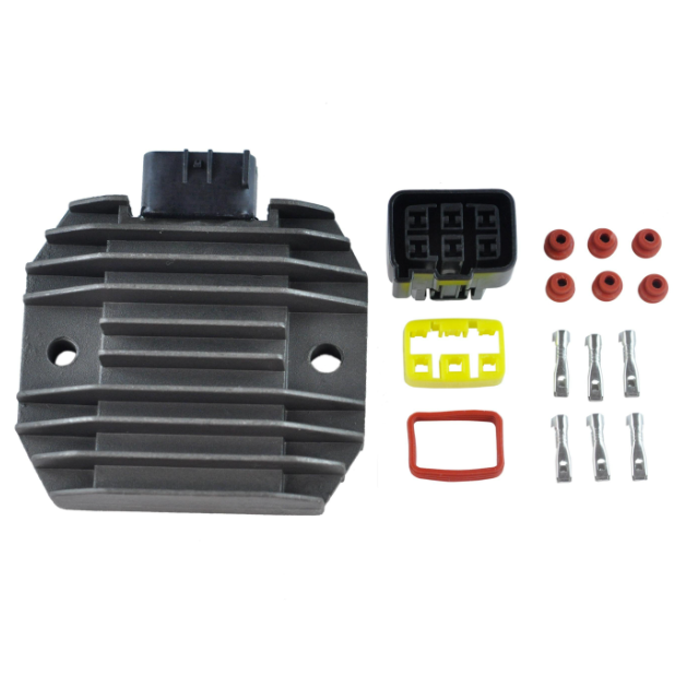 ATV City regulator rectifier for Yamaha and Suzuki ATVs, black finned unit with 6-pin connector and install kit.