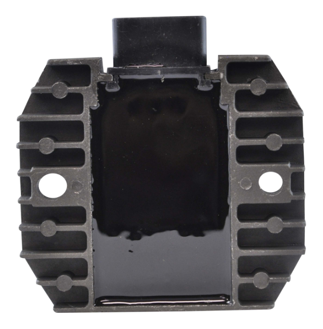 Regulator rectifier unit with black housing and ribbed side heat sink fins