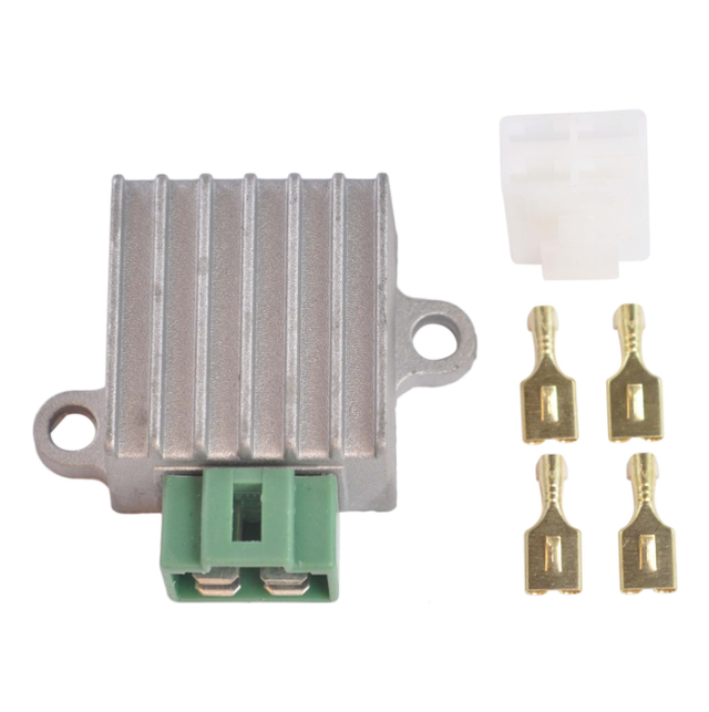 Regulator Rectifier by ATV City; aluminum housing with green 2-pin and white connectors, plus four brass terminals