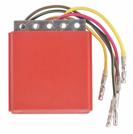 Regulator rectifier by ATV City, red housing with multi-wire harness for Polaris 400/500 series ATVs (1994–1999)