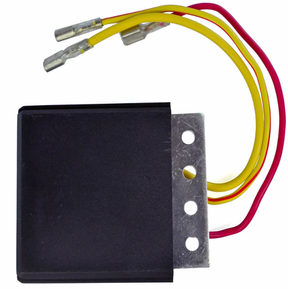 Regulator Rectifier by ATV City for Polaris ATVs; black housing with yellow and red lead wires and mounting bracket.