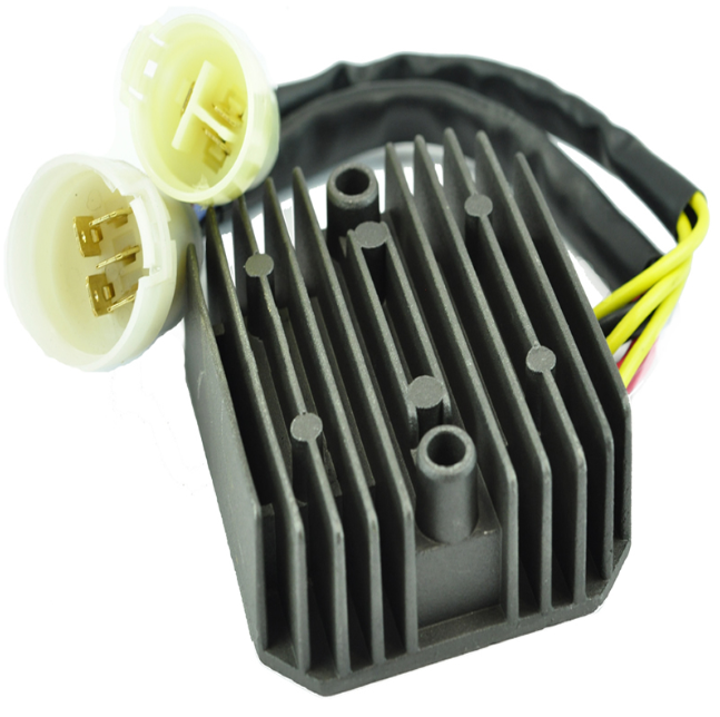 Regulator Rectifier by ATV City; black aluminum heatsink with yellow 2-pin connectors and wiring