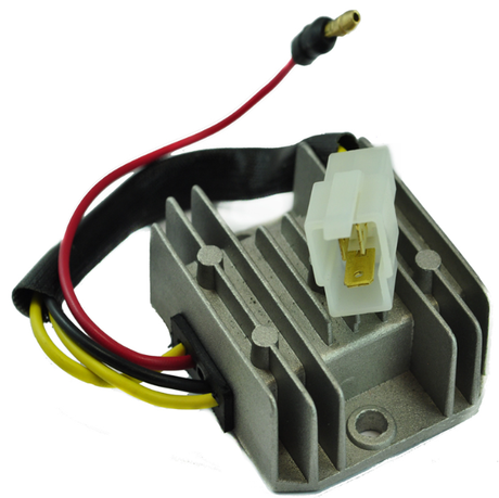 Regulator Rectifier for Kawasaki motorcycles; aluminum heatsink, white plastic connector, red/black/yellow leads