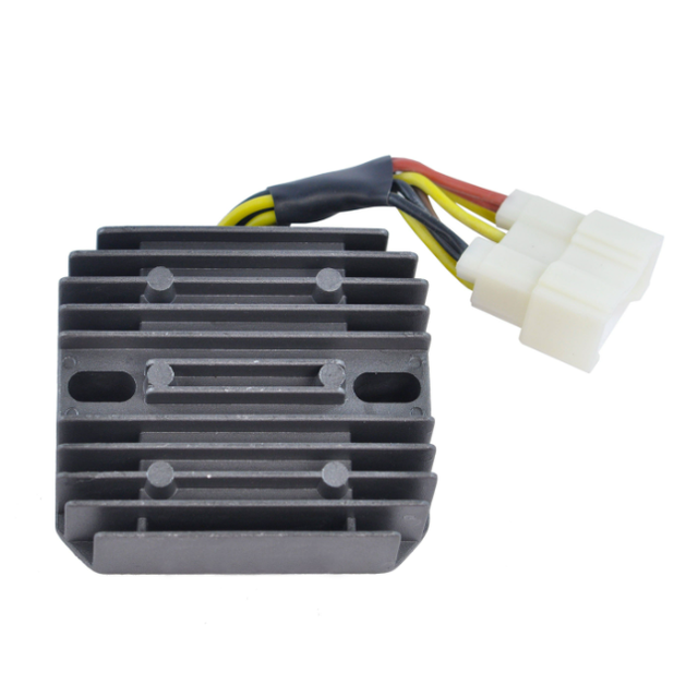 Regulator rectifier with gray aluminum heatsink, yellow/black/red wires and white connector.