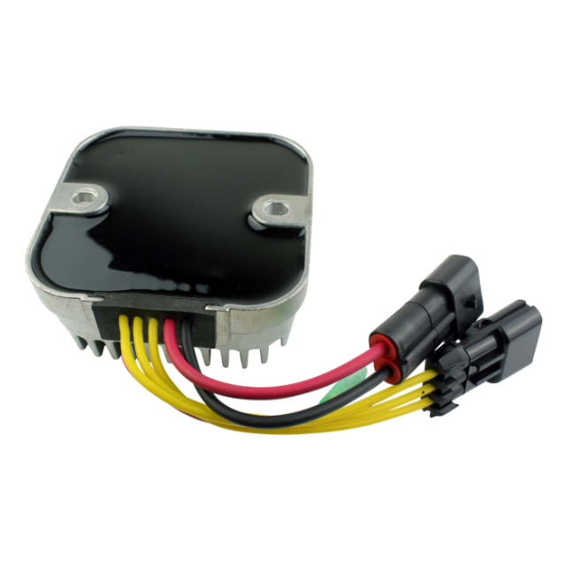MOSFET regulator rectifier module with black housing and yellow, red, and black wires; dual connectors