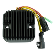 MOSFET regulator rectifier unit with a black finned housing and yellow and red wires.