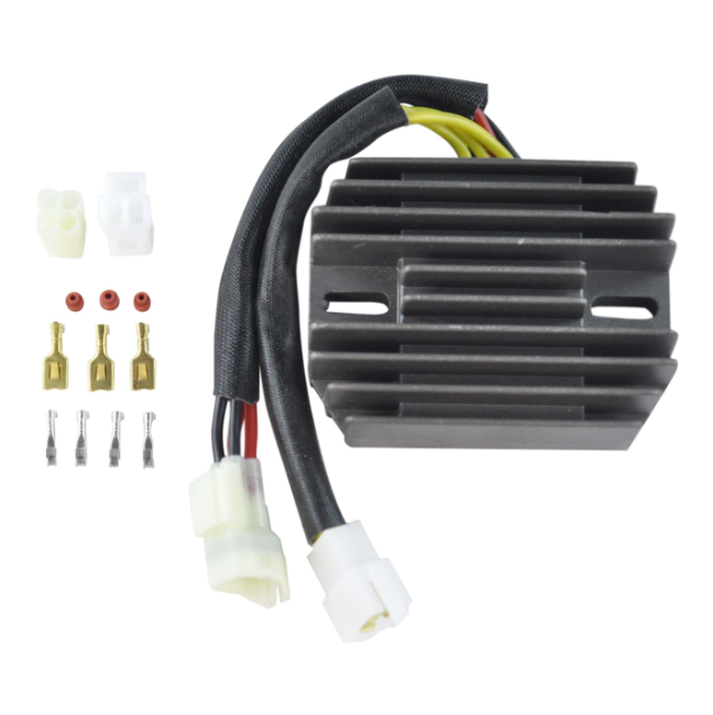 ATV City MOSFET Regulator Rectifier with wiring harness and connectors; black finned heat sink.