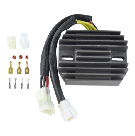 ATV City MOSFET Regulator Rectifier with wiring harness and connectors; black finned heat sink.