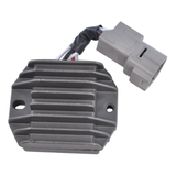 Regulator rectifier for Yamaha YFM350 Warrior/Wolverine; gray finned aluminum unit with plastic connector.