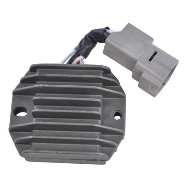 Regulator rectifier for Yamaha YFM350 Warrior/Wolverine; gray finned aluminum unit with plastic connector.