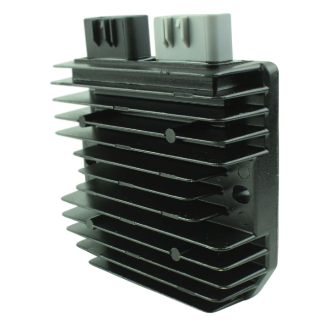 MOSFET regulator rectifier for ATVs, black finned heatsink module with dual top connectors