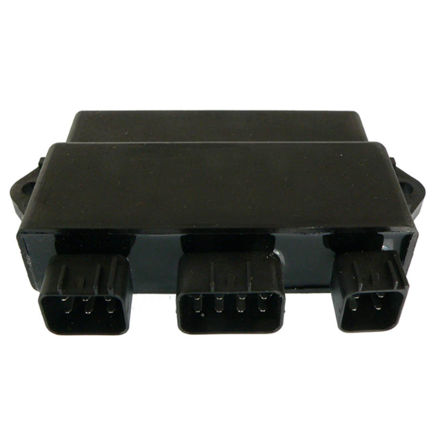 CDI module for Yamaha YFM350 Grizzly 2007-2011, black plastic housing with three-pin connectors, by ATV City