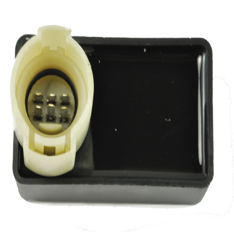 CDI module with cream 6-pin circular connector on black rectangular housing