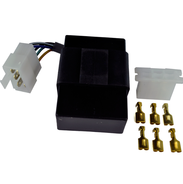 CDI Module for Kawasaki Bayou KLF/KLT ATVs by ATV City, black housing with white connectors and six gold terminals.