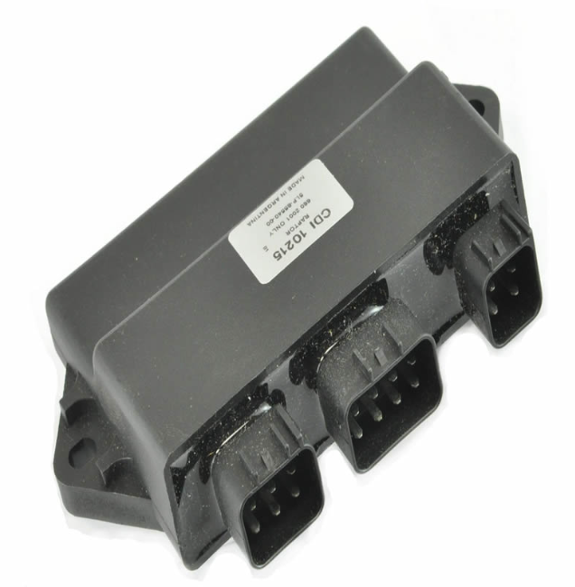 CDI Module for Yamaha YFM 660R Raptor, black ignition module with three connectors.