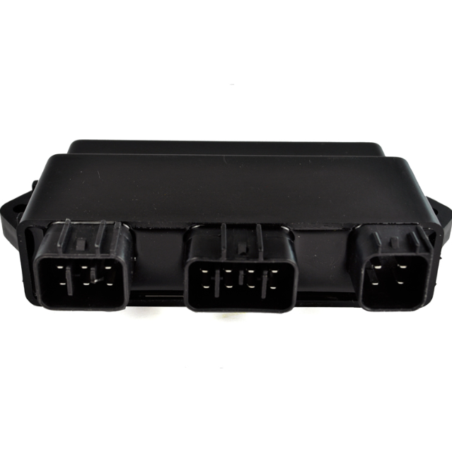 CDI module for Yamaha ATVs YFM 660 Grizzly, YXR 450 Rhino, YXR 660 Rhino; black ignition control with three connectors.