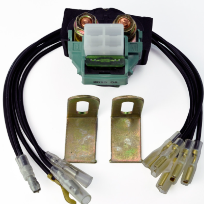 Universal 12V starter relay solenoid kit by DGT Agri for Arctic Cat ATV, green solenoid with harness and two mounting brackets