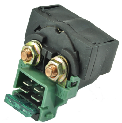 Starter relay module with black housing and green terminal block, two copper terminals.