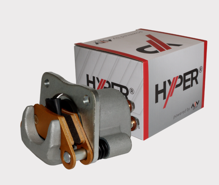 Rear brake caliper replacement for Polaris Sportsman 570 and Scrambler ATVs, ATV City shown with Hyper-branded box.