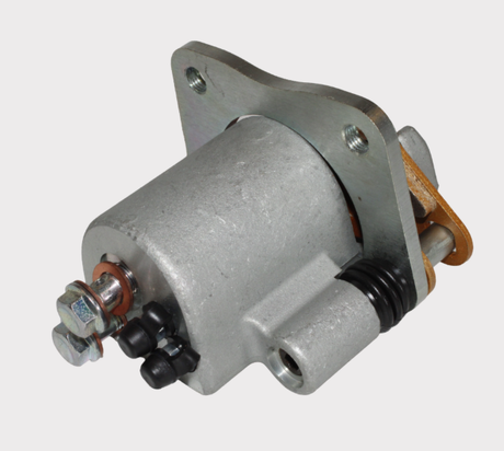 Brake caliper by ATV City; silver metal finish, rear replacement for Polaris Sportsman 570 and Scrambler ATVs.