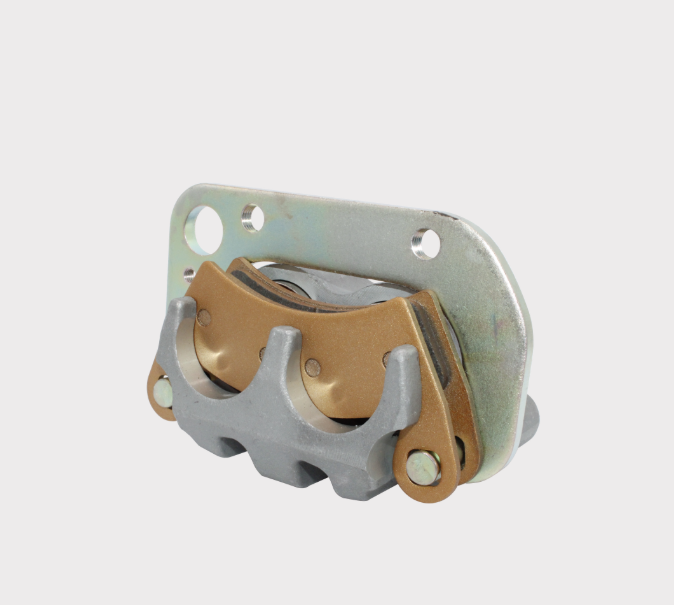 Rear left brake caliper for Polaris Ranger with gold-toned pad carrier and silver mounting bracket
