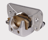Brake caliper for Can-Am Maverick rear right OEM replacement by ATV City, silver metal with gold brake pad hardware