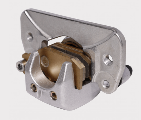 Brake caliper for Can-Am Maverick rear right OEM replacement by ATV City, silver metal with gold brake pad hardware